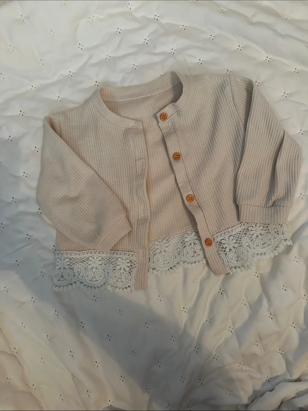 Toddler Lace-Hem Knit Cardigan in Light Beige